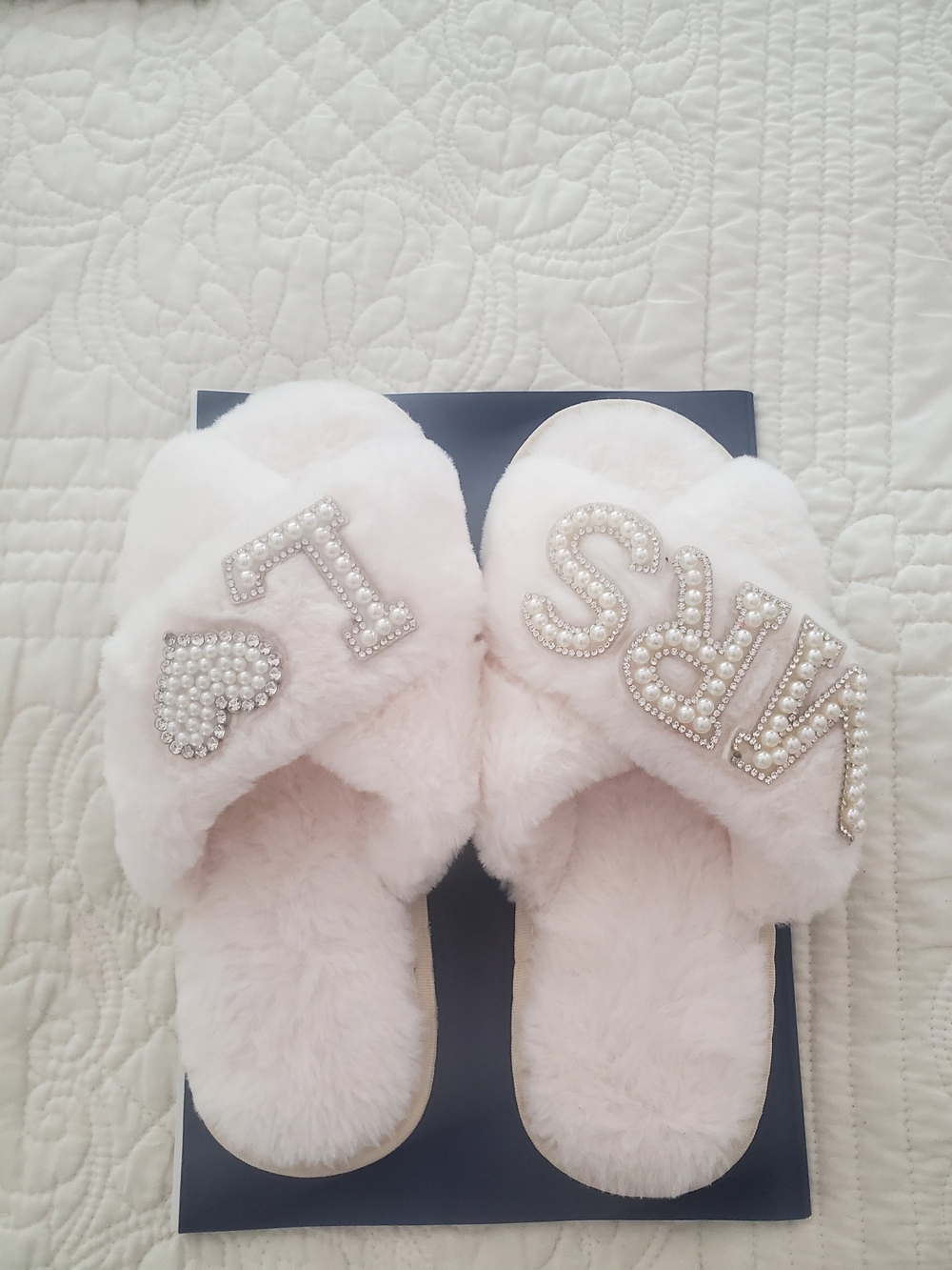 Fluffy White Pearl-Embellished Slide Slippers